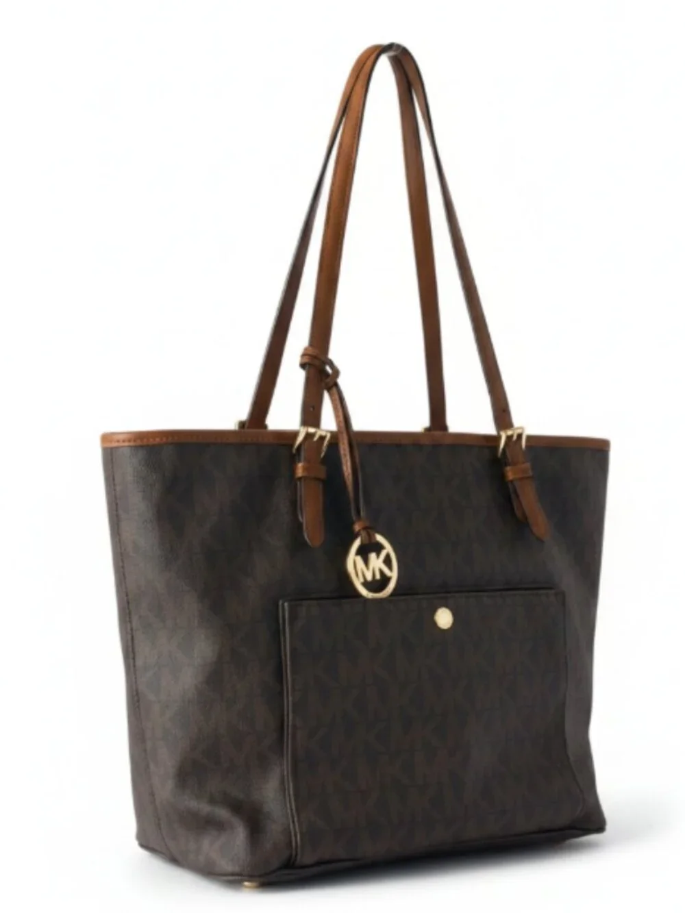 Michael Kors Large Tote Bag Brown MK Signature Logo Gold Charm Zip Top Purse